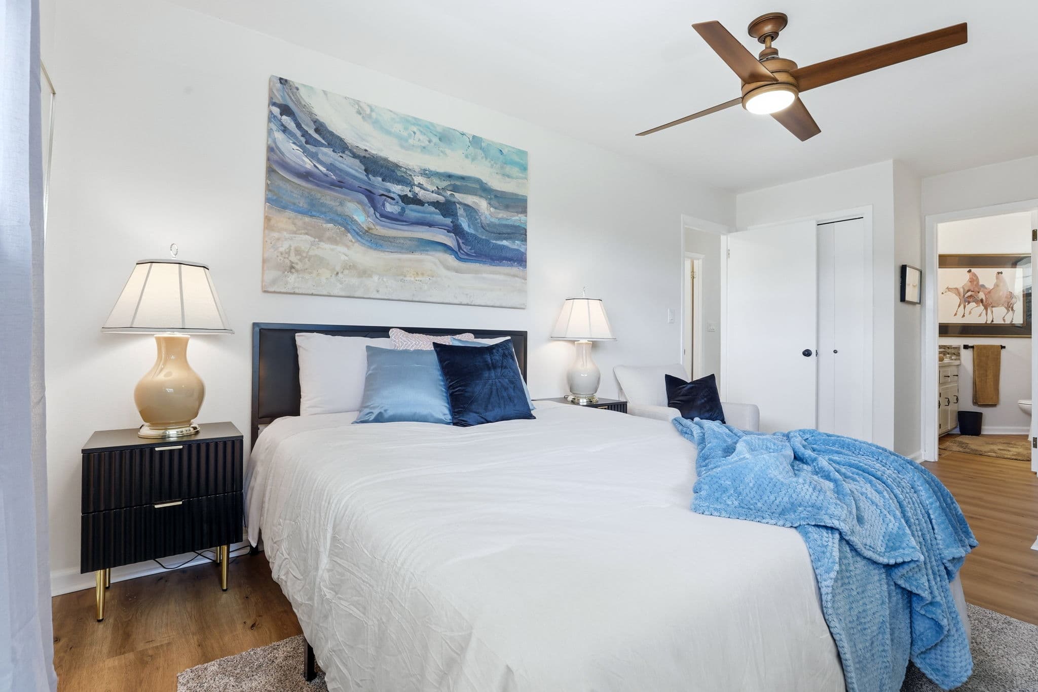 Bedroom styled for short-term rental guests