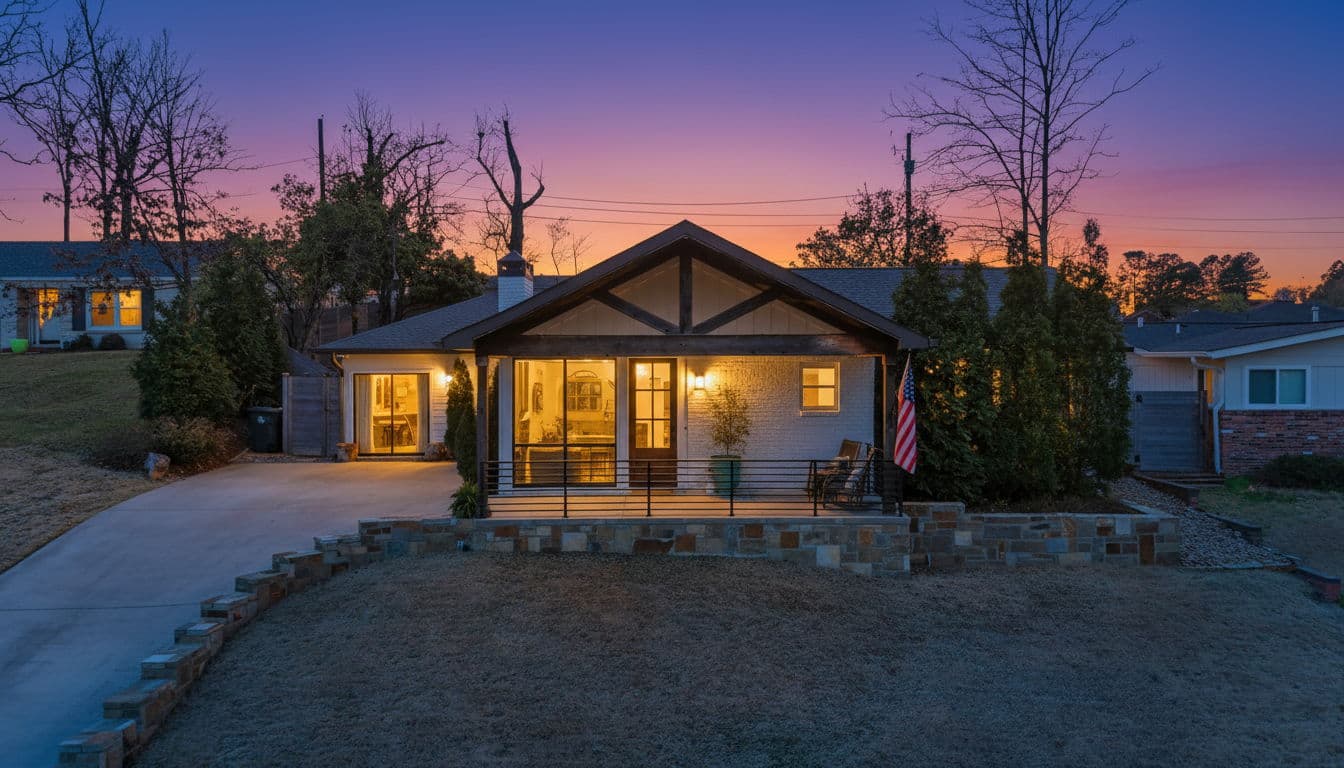 Twilight exterior of a single family listing in Little Rock, Arkansas, with the windows glowing